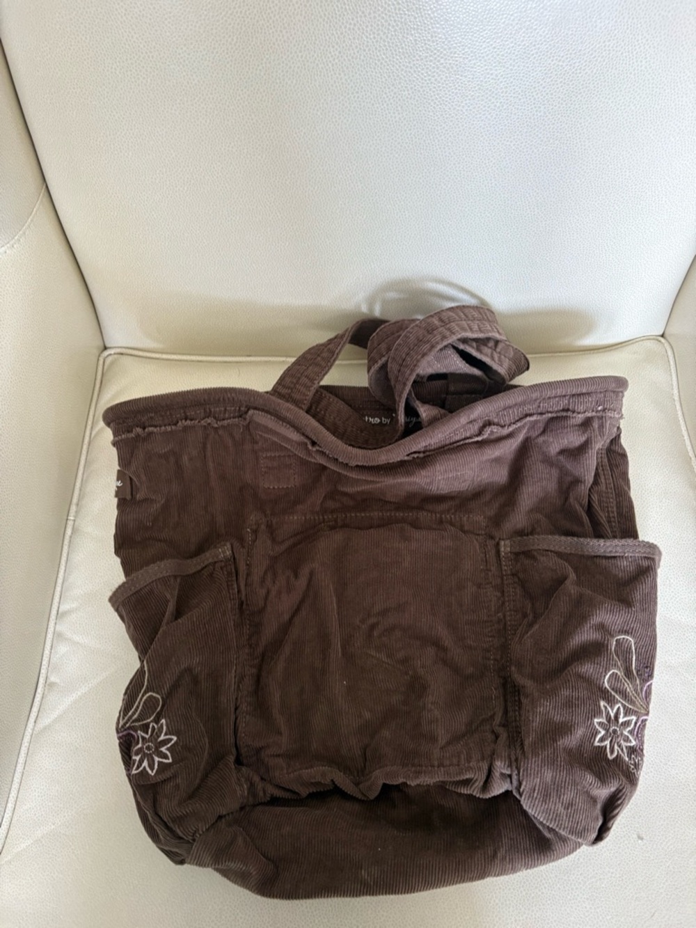 thirty-one Brown Corduroy Tote with Floral Embroidery